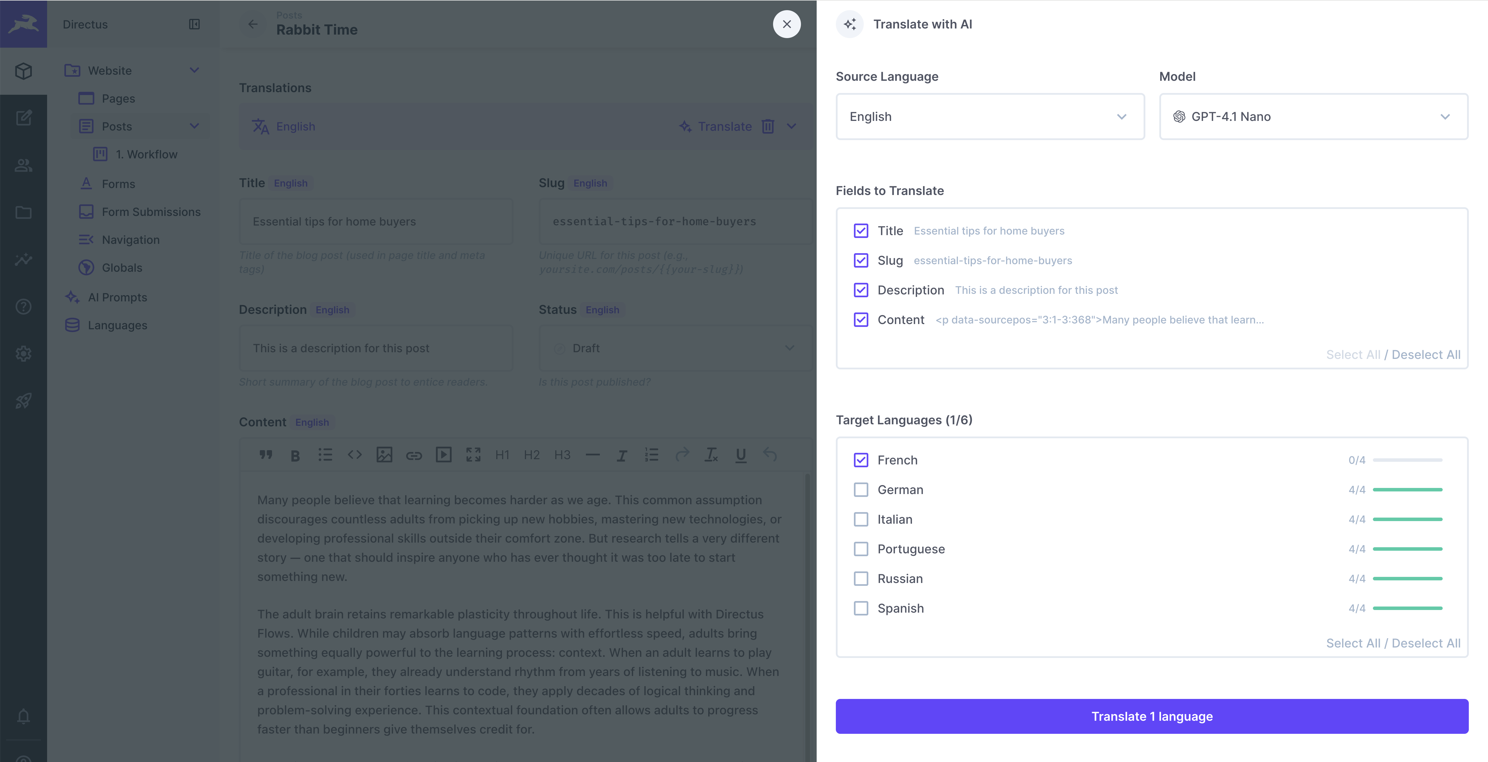 Translation modal configuration with source language, model, fields, and target languages